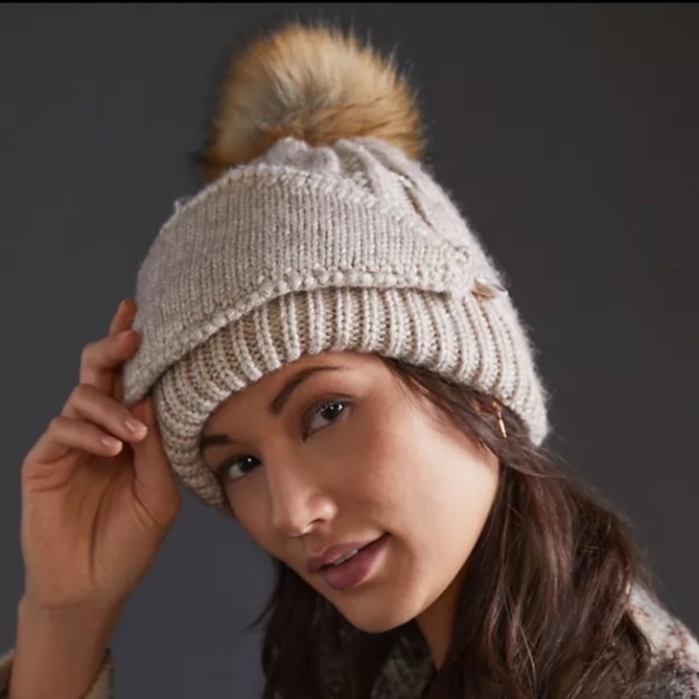 Anthropologie Faux Fur Pom Beanie With Mask
